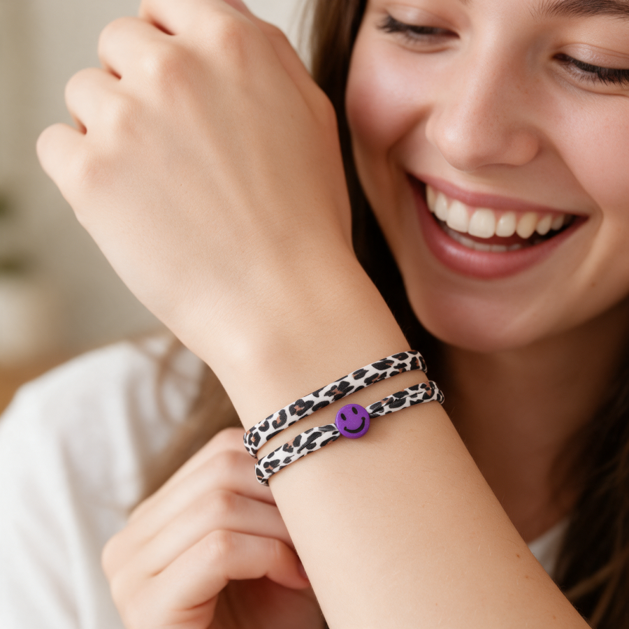 Elastisches Leo Armband mit dem Smiley Anhänger im Ibiza Style - in 7 Farben erhältlich