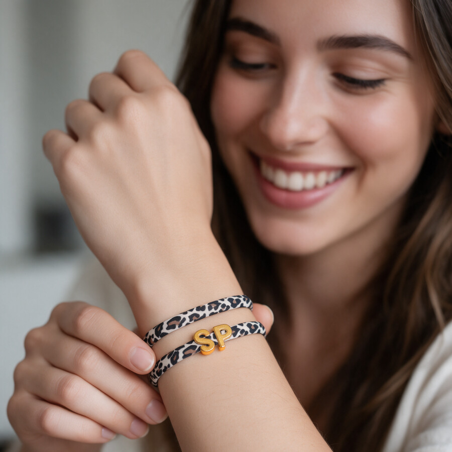 Elastisches Leo Armband mit deinem goldenen Wunschbuchstaben im Ibiza Style.