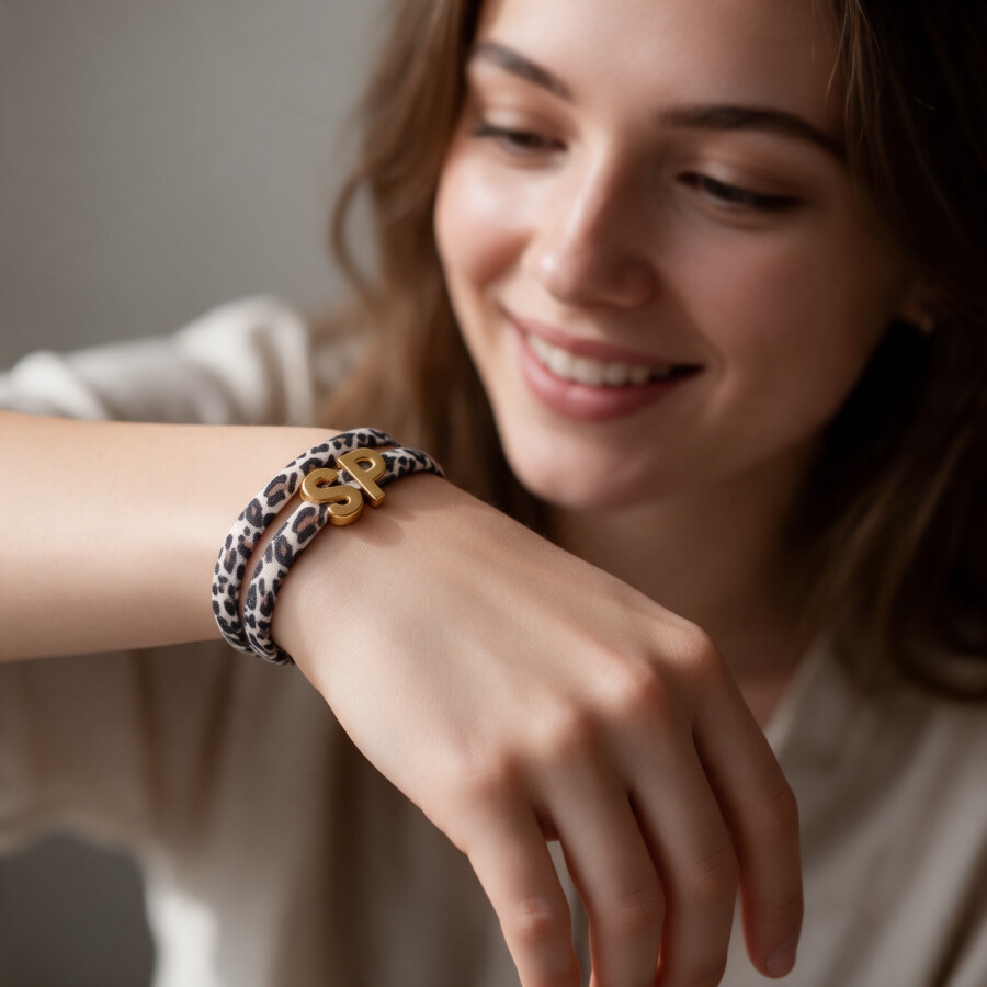 Elastisches Leo Armband mit deinem goldenen Wunschbuchstaben im Ibiza Style.